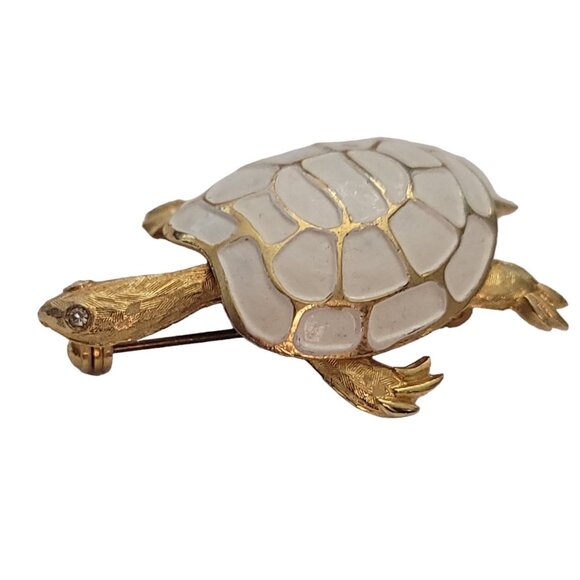 Vintage Gold Tone White Enamel Clear Rhinestone Turtle Brooch Pin E896 - Picture 3 of 8